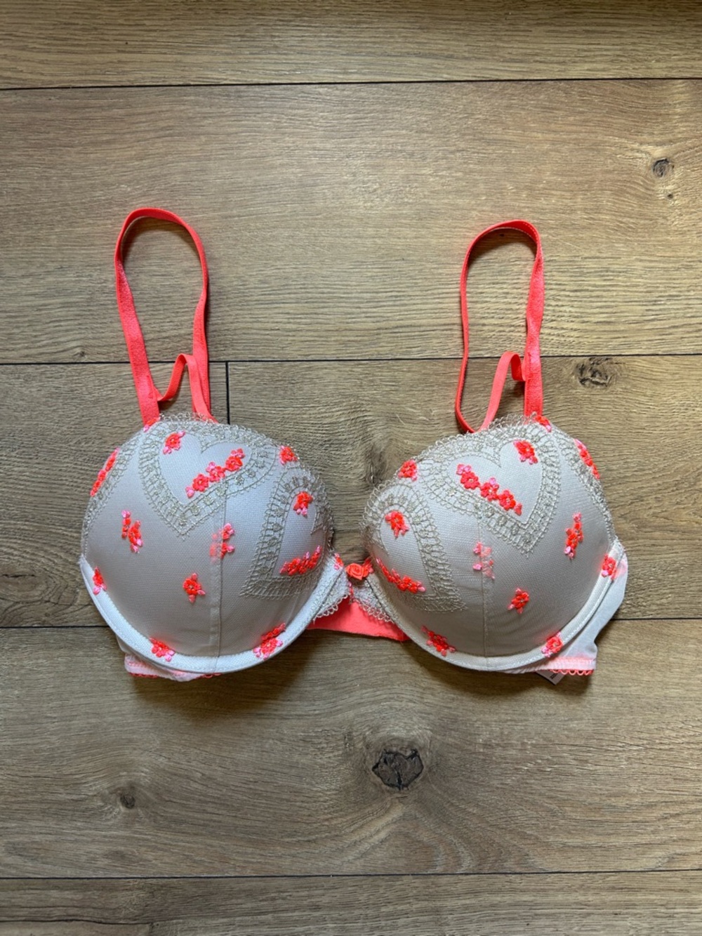 Victoria's Secret Nude and Coral Lace-Trim Push-Up Bra